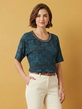 Dana Buchman Teal Patterned Short-Sleeve Top with Chain-Accent Neckline